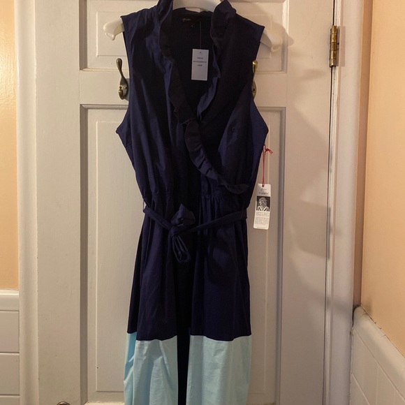 NWT Gibsonlook sleeveless summer ruffle  wrap style  dress. Navy & Turquoise. - Picture 3 of 8